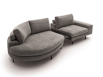 Das Lounge Sofa Belladonna von Activineo - erhältlich mit einem kuscheligen runden Lounge-Element für gemütliche Abende, auch als Ecksofa mit verschiedenen Sitztiefen und in Stoff- oder Lederoberflächen erhältlich.